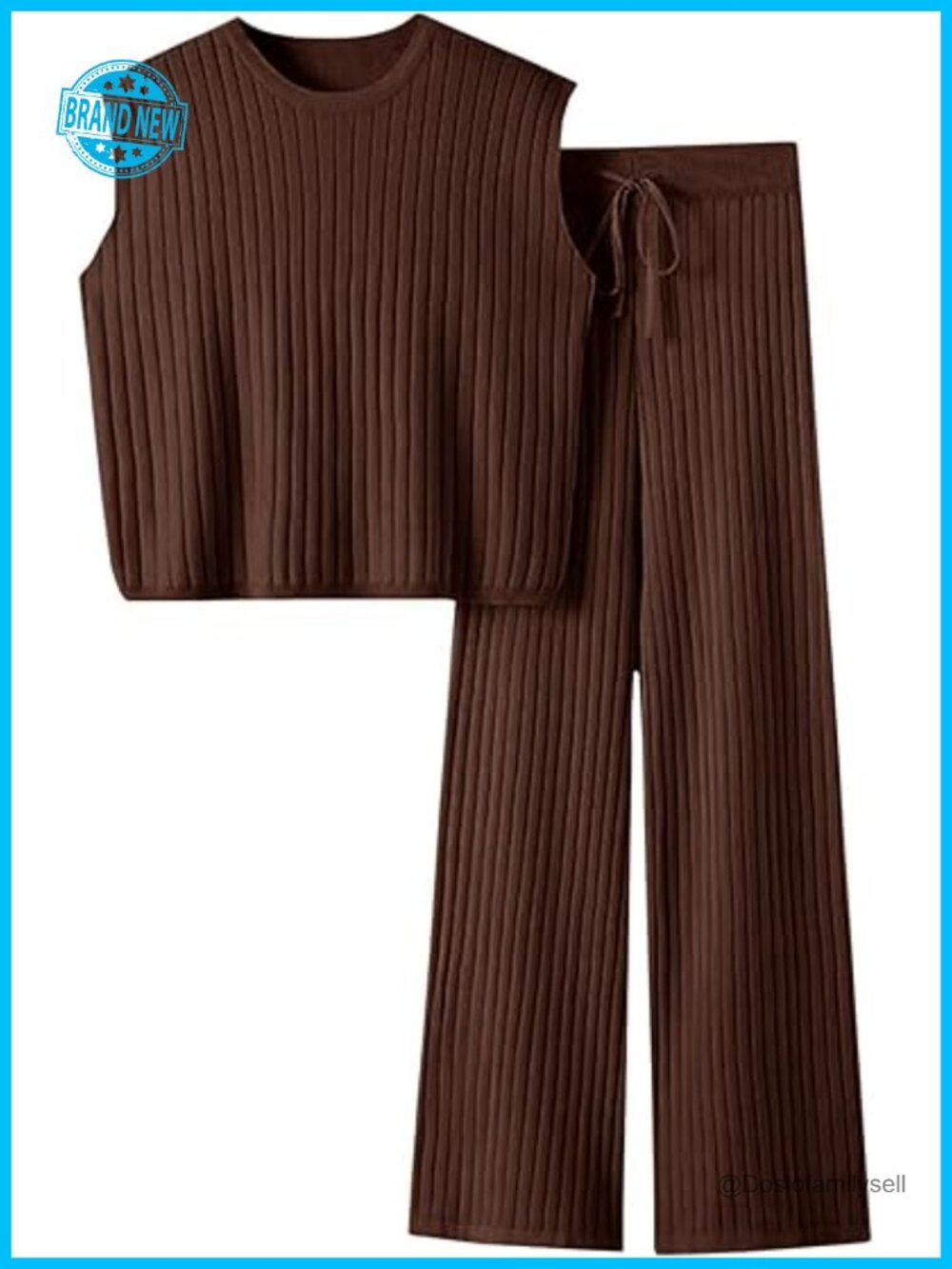 Sleeveless Ribbed Knit Top and Wide Leg Pants Matching Lounge Set